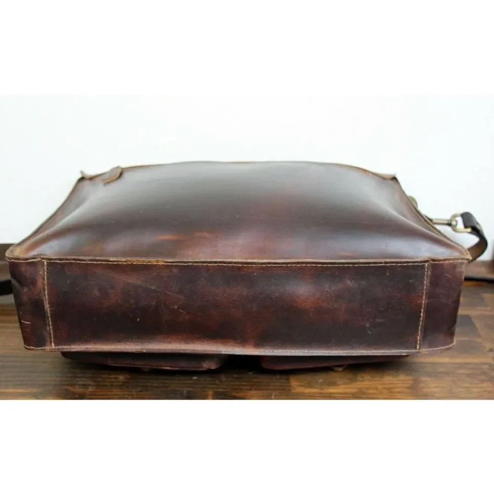 NATURAL WAX BROWN HEAVY GENUINE LEATHER BUSINESS SHOULDER BAG ATTACHE BRIEFCASE - Picture 7 of 11